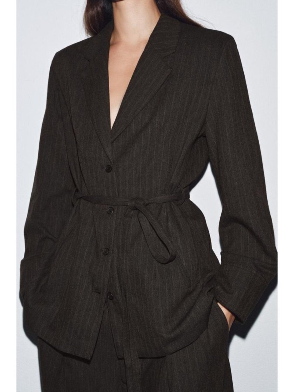 New ZARA Tie Waist Belted Herringbone Fitted Blazer Brown Women's Size Small S